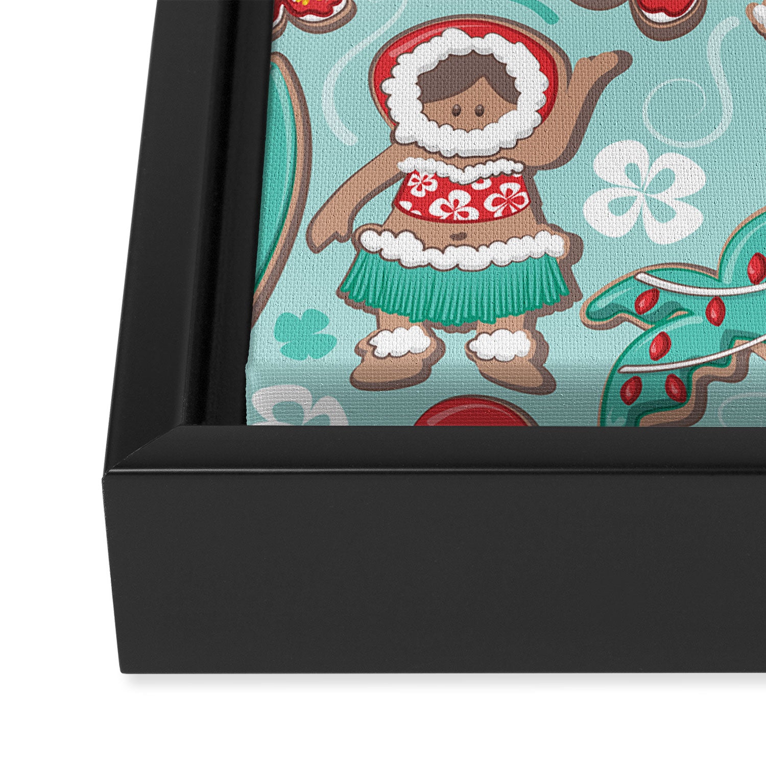 Mele Kalikimaka Hawaiian Christmas gingerbread cookies // aqua background Framed Canvas Print Gallery Image 3