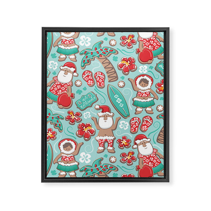Mele Kalikimaka Hawaiian Christmas gingerbread cookies // aqua background Framed Canvas Print Gallery Image 1