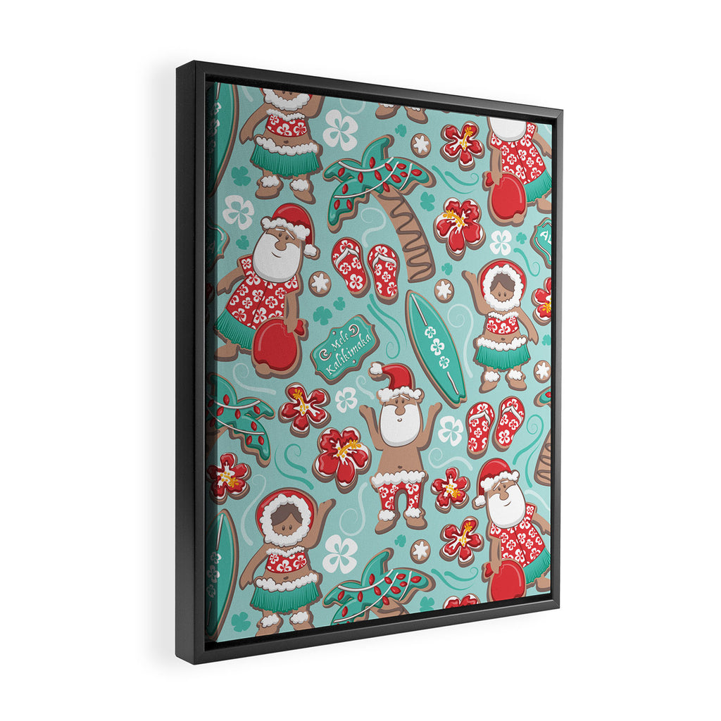 Mele Kalikimaka Hawaiian Christmas gingerbread cookies // aqua background Framed Canvas Print Gallery Image 2