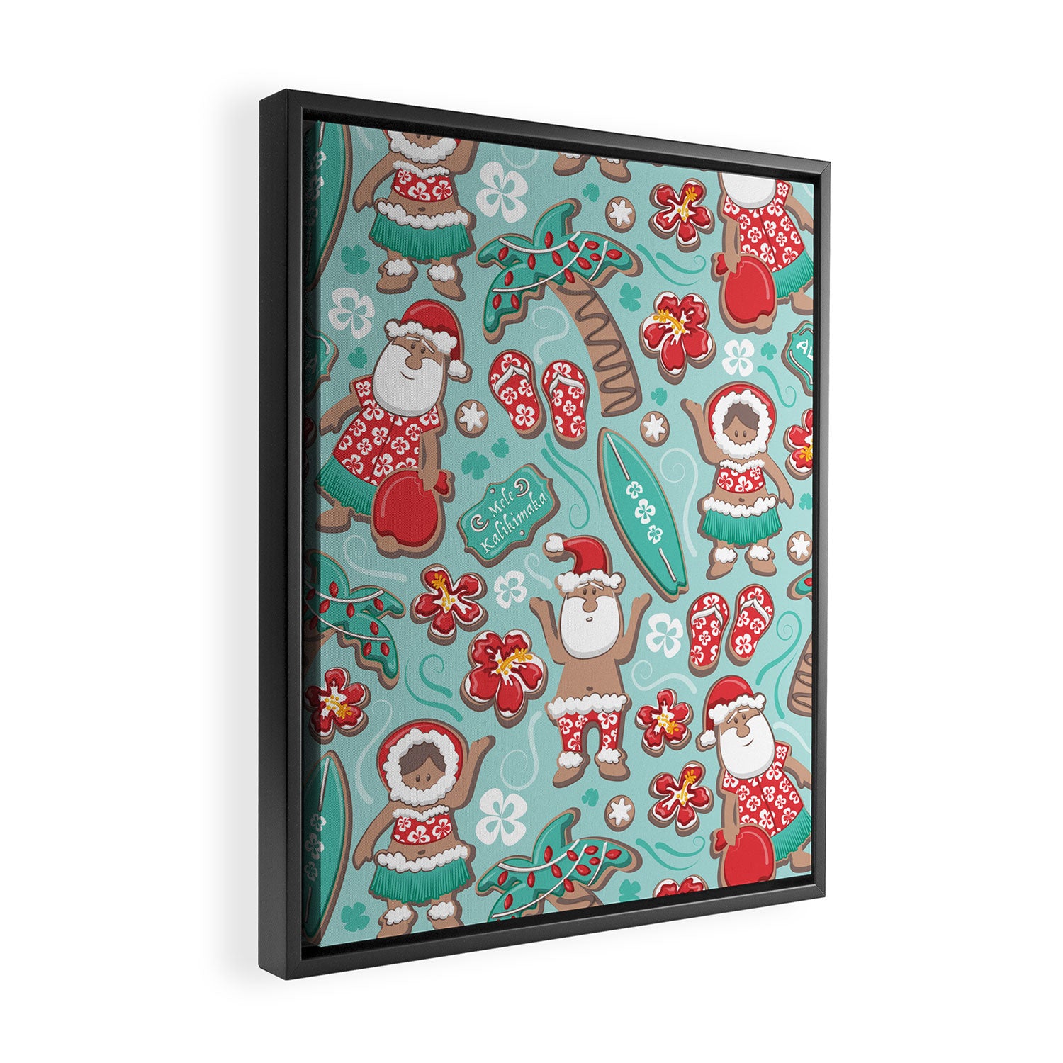Mele Kalikimaka Hawaiian Christmas gingerbread cookies // aqua background Framed Canvas Print Gallery Image 2