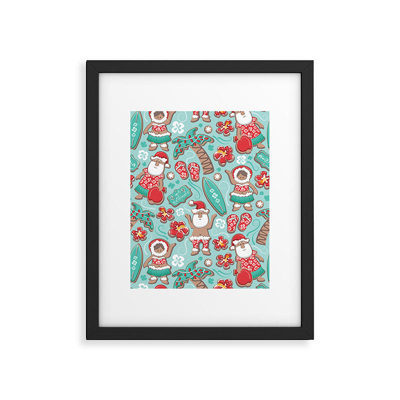 Mele Kalikimaka Hawaiian Christmas gingerbread cookies // aqua background Framed Art Print Gallery Image 5