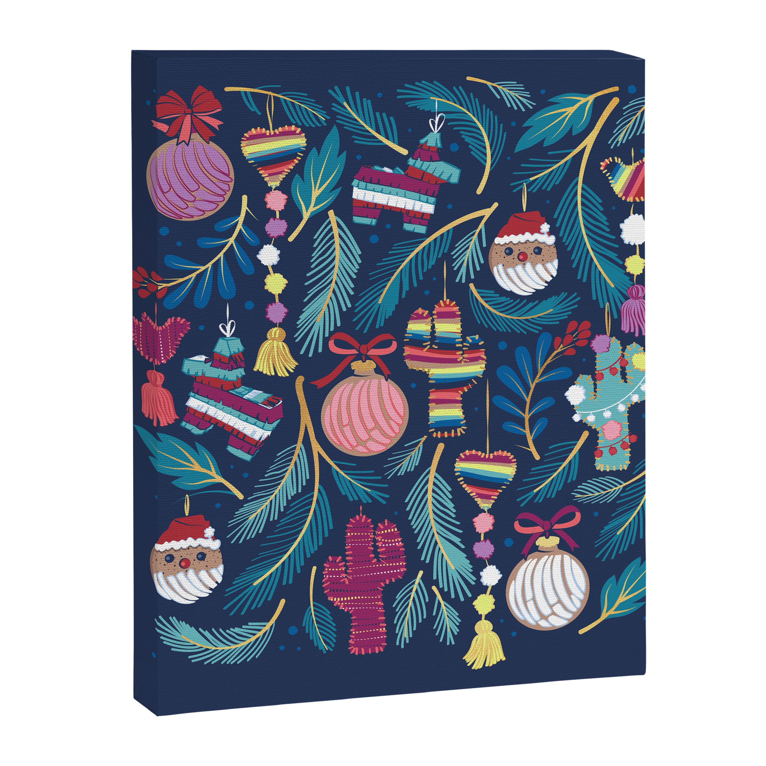 Mexican Christmas Tree // blue background blue pine leaves multicoloured holiday decorations pan dulce balls cacti hearts birds pom-pom garland pinatas santa claus conchas donuts Canvas Print Gallery Image 6