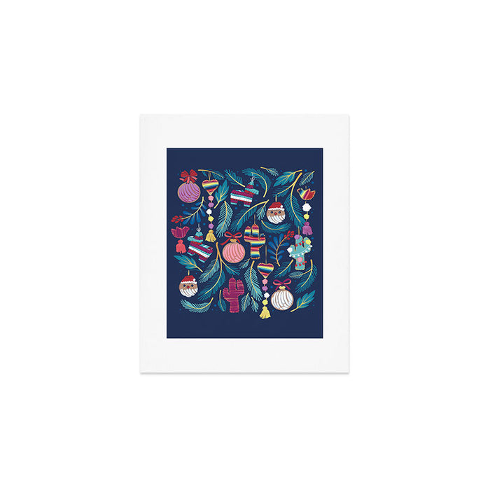 Mexican Christmas Tree // blue background blue pine leaves multicoloured holiday decorations pan dulce balls cacti hearts birds pom-pom garland pinatas santa claus conchas donuts Art Print Gallery Image 1
