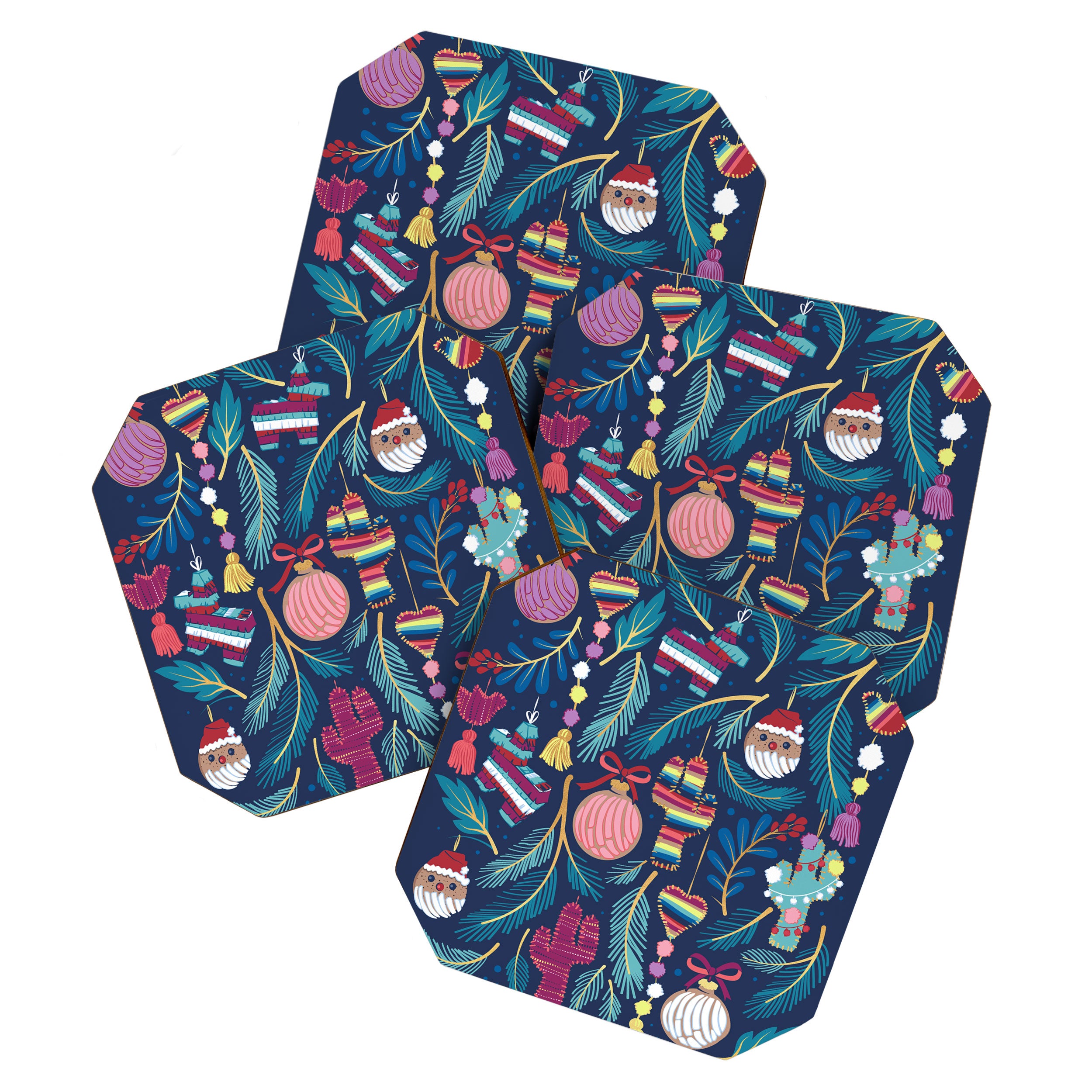 Mexican Christmas Tree // blue background blue pine leaves multicoloured holiday decorations pan dulce balls cacti hearts birds pom-pom garland pinatas santa claus conchas donuts Coaster Gallery Image 1