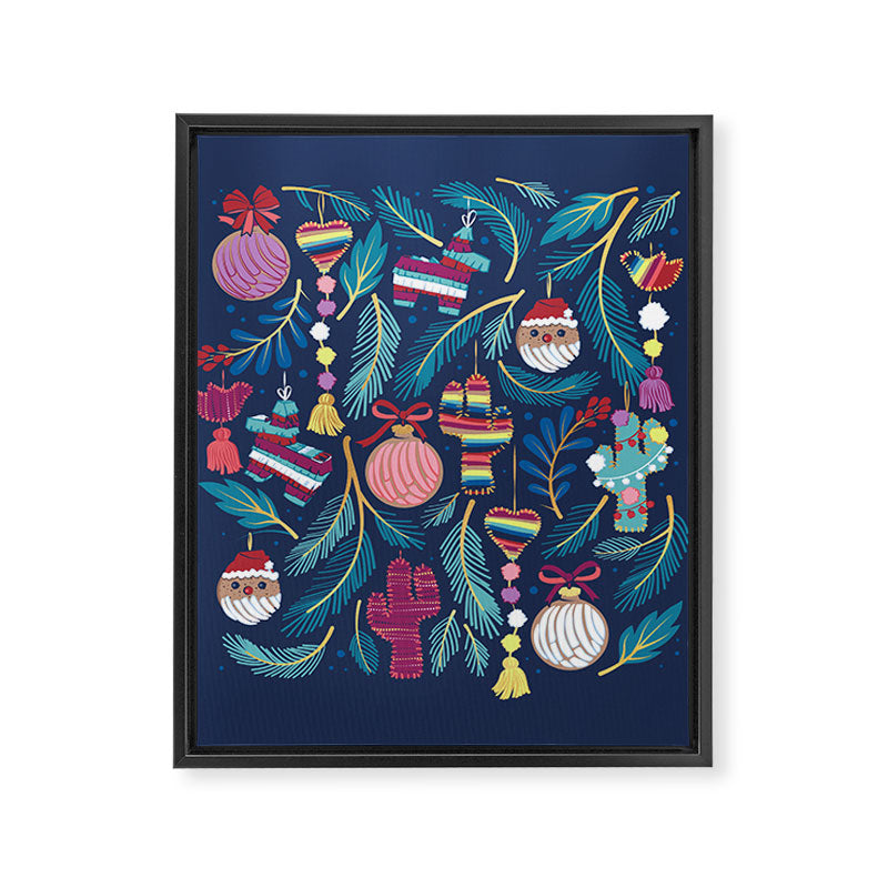 Mexican Christmas Tree // blue background blue pine leaves multicoloured holiday decorations pan dulce balls cacti hearts birds pom-pom garland pinatas santa claus conchas donuts Framed Canvas Print Gallery Image 6
