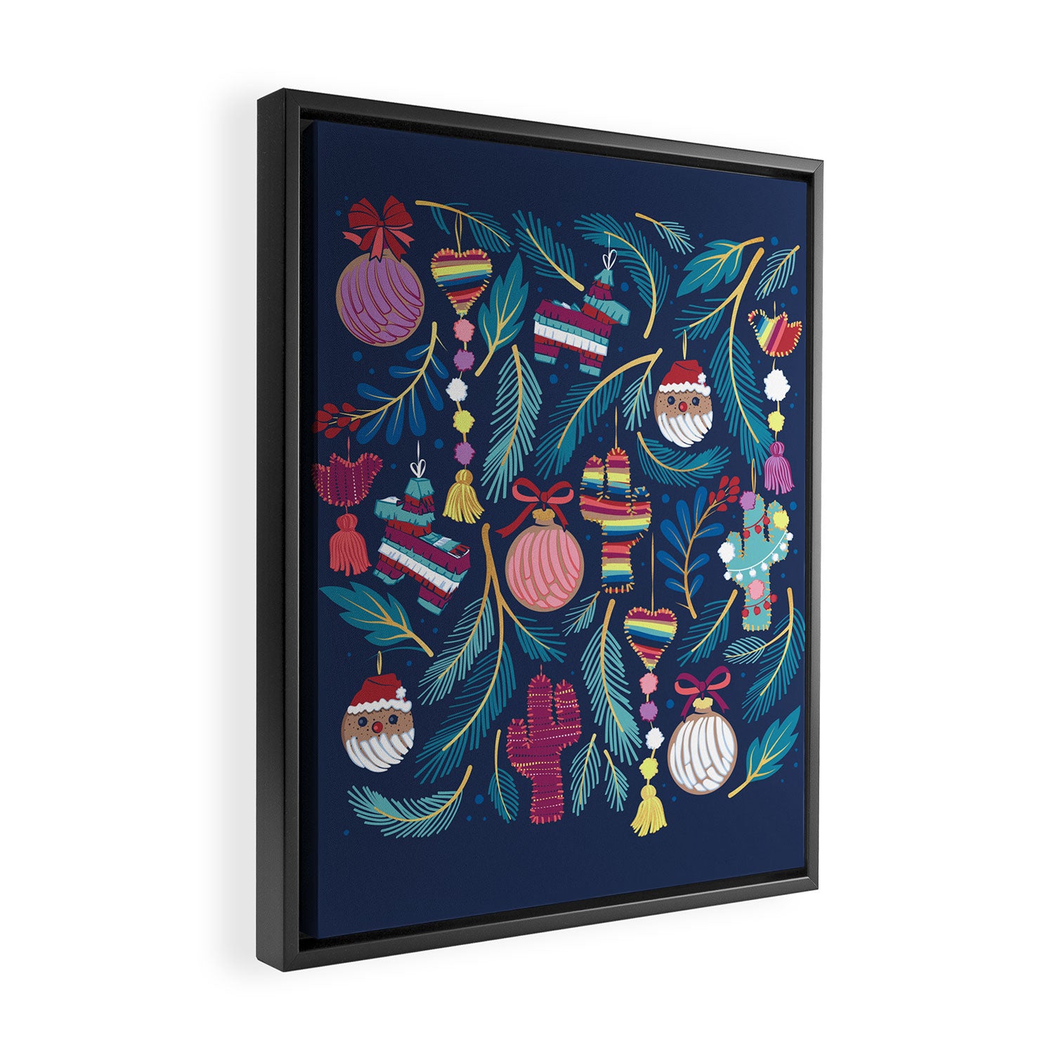 Mexican Christmas Tree // blue background blue pine leaves multicoloured holiday decorations pan dulce balls cacti hearts birds pom-pom garland pinatas santa claus conchas donuts Framed Canvas Print Gallery Image 2