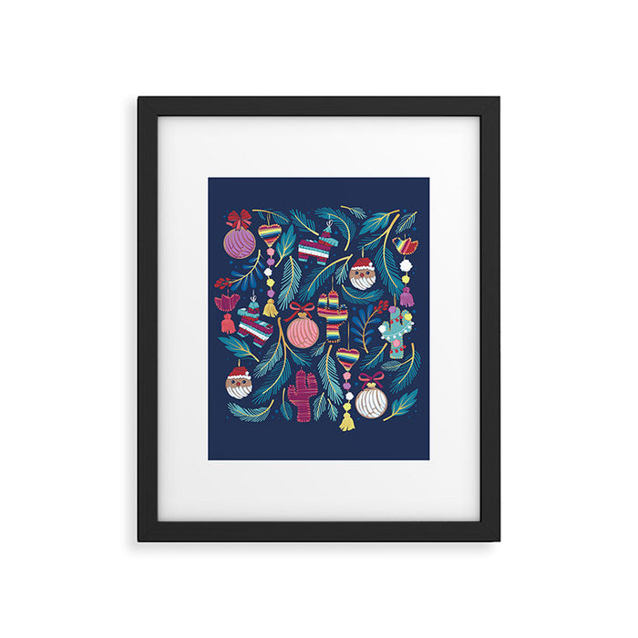Mexican Christmas Tree // blue background blue pine leaves multicoloured holiday decorations pan dulce balls cacti hearts birds pom-pom garland pinatas santa claus conchas donuts Framed Art Print Gallery Image 1