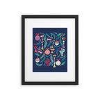 Mexican Christmas Tree // blue background blue pine leaves multicoloured holiday decorations pan dulce balls cacti hearts birds pom-pom garland pinatas santa claus conchas donuts Framed Art Print Gallery Image 5