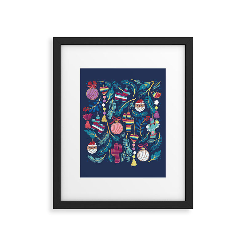 Mexican Christmas Tree // blue background blue pine leaves multicoloured holiday decorations pan dulce balls cacti hearts birds pom-pom garland pinatas santa claus conchas donuts Framed Art Print Gallery Image 5