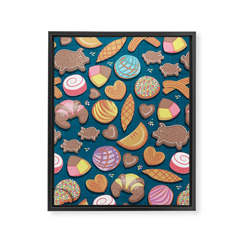Mexican Sweet Bakery Frenzy // turquoise background // pastel colors pan dulce Framed Canvas Print Gallery Image 8