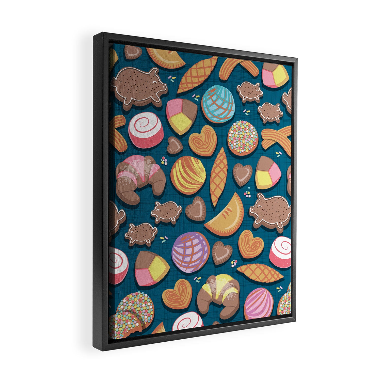 Mexican Sweet Bakery Frenzy // turquoise background // pastel colors pan dulce Framed Canvas Print Gallery Image 2