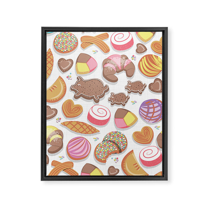 Mexican Sweet Bakery Frenzy // white background // pastel colors pan dulce Framed Canvas Print Gallery Image 1