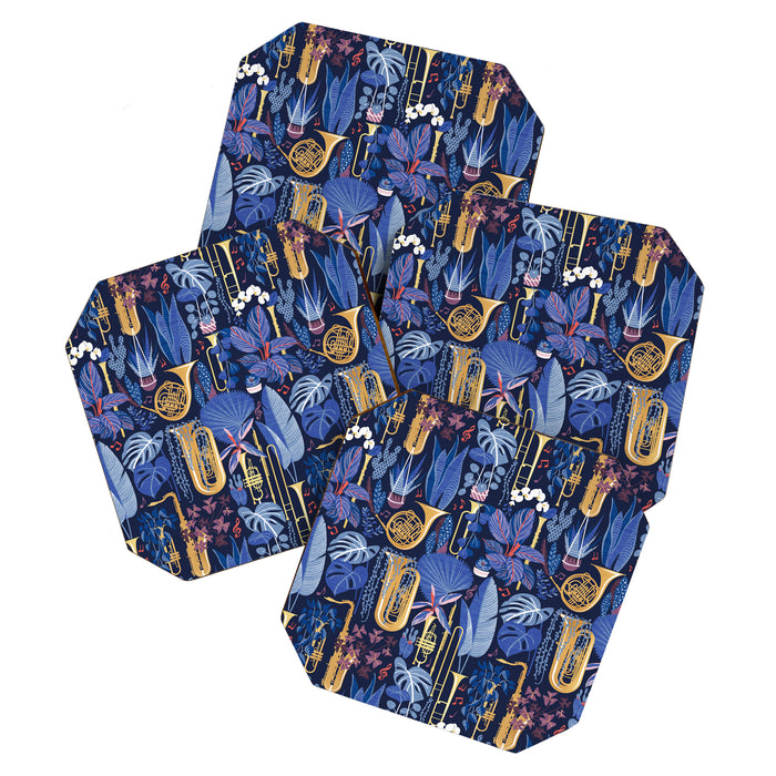 Music to my eyes // oxford navy blue background gold textured musical instruments blue indoor plants coral music notes Coaster Gallery Image 1