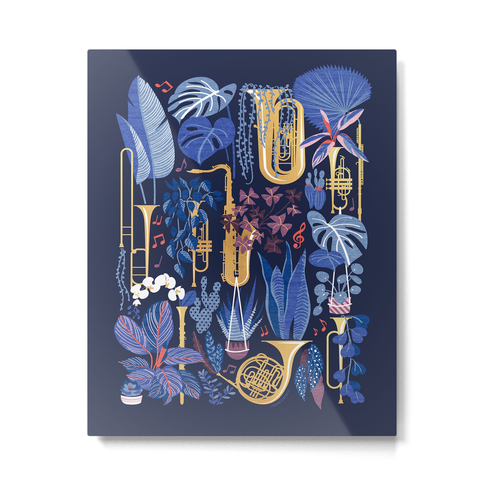 Music to my eyes // oxford navy blue background gold textured musical instruments blue indoor plants coral music notes Metal Print Gallery Image 4