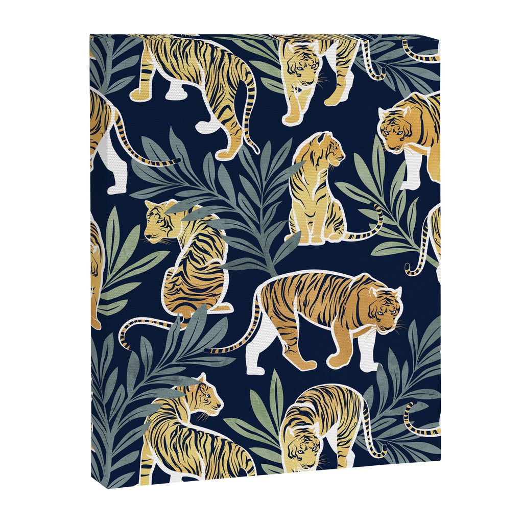 Nouveau white tigers // navy blue background green leaves white lines yellow animals Canvas Print Gallery Image 6