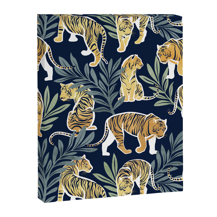Nouveau white tigers // navy blue background green leaves white lines yellow animals Canvas Print Gallery Image 1