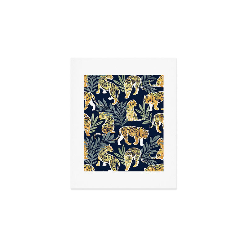 Nouveau white tigers // navy blue background green leaves white lines yellow animals Art Print Gallery Image 1