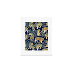 Nouveau white tigers // navy blue background green leaves white lines yellow animals Art Print Gallery Image 1