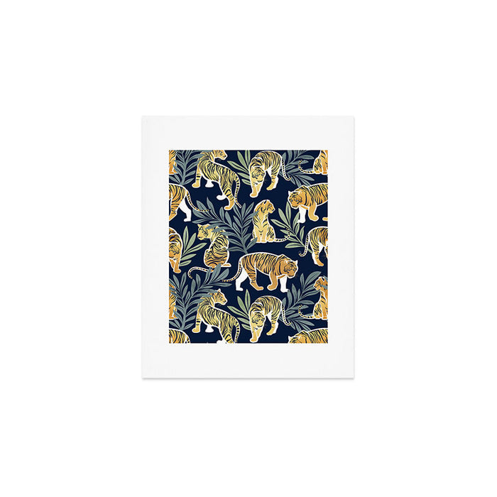 Nouveau white tigers // navy blue background green leaves white lines yellow animals Art Print Gallery Image 1