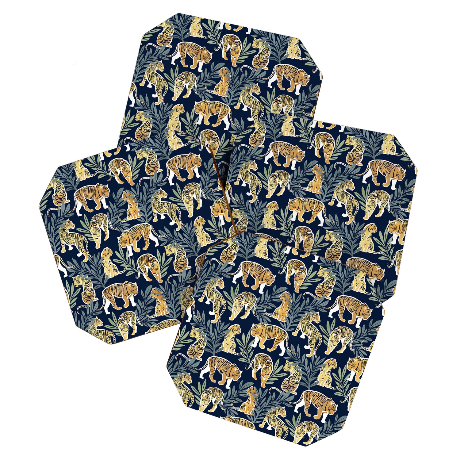 Nouveau white tigers // navy blue background green leaves white lines yellow animals Coaster Gallery Image 1