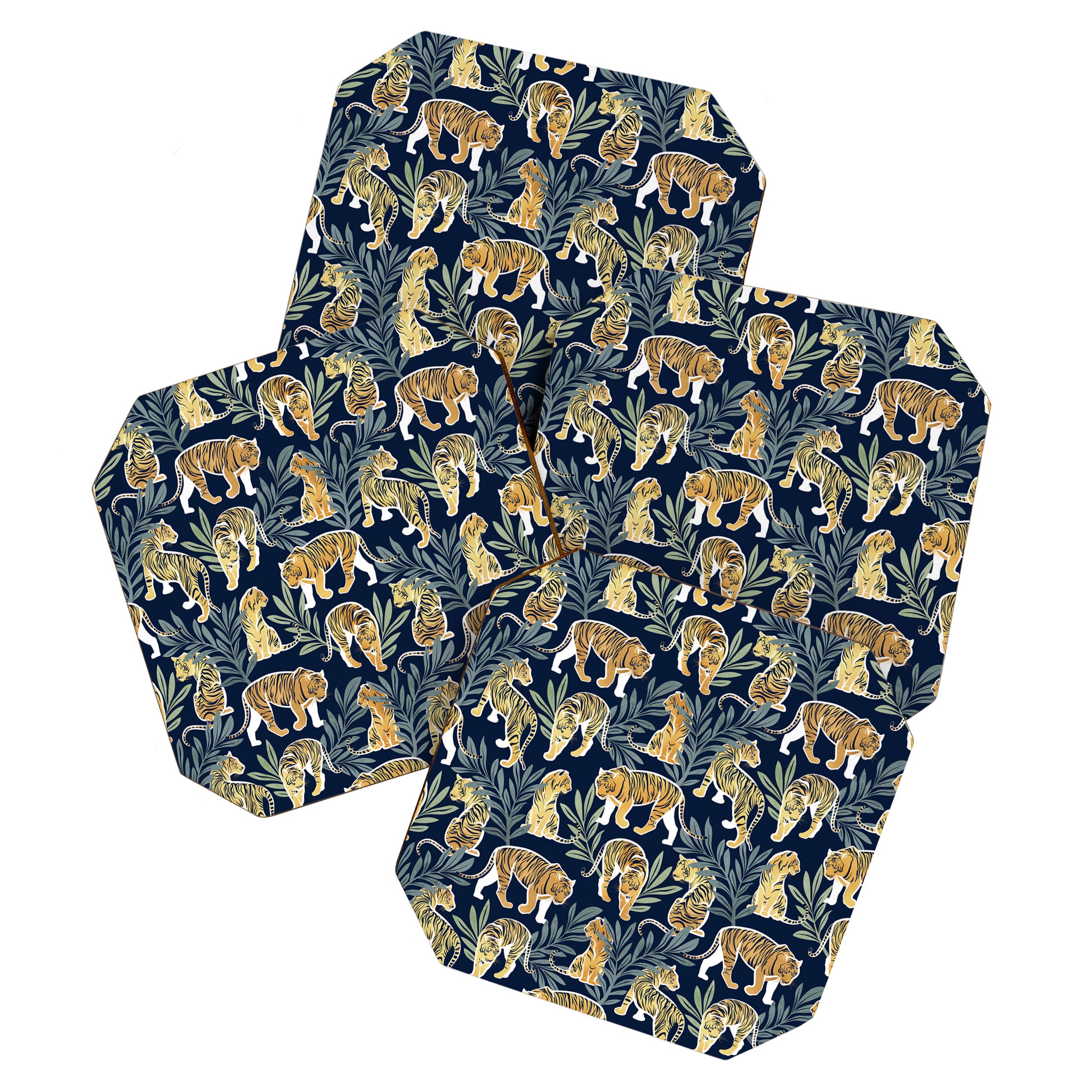 Nouveau white tigers // navy blue background green leaves white lines yellow animals Coaster Gallery Image 1