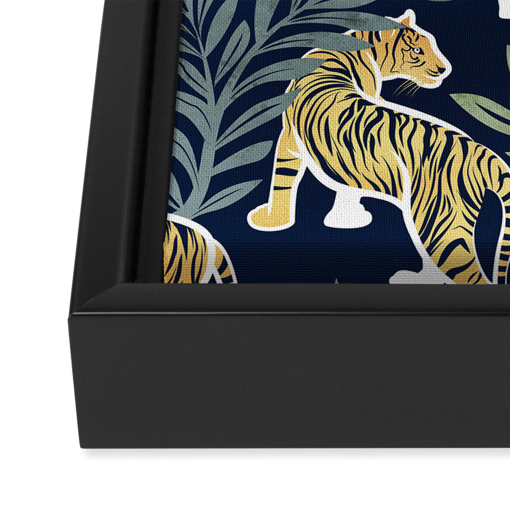 Nouveau white tigers // navy blue background green leaves white lines yellow animals Framed Canvas Print Gallery Image 3