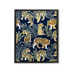 Nouveau white tigers // navy blue background green leaves white lines yellow animals Framed Canvas Print Gallery Image 6