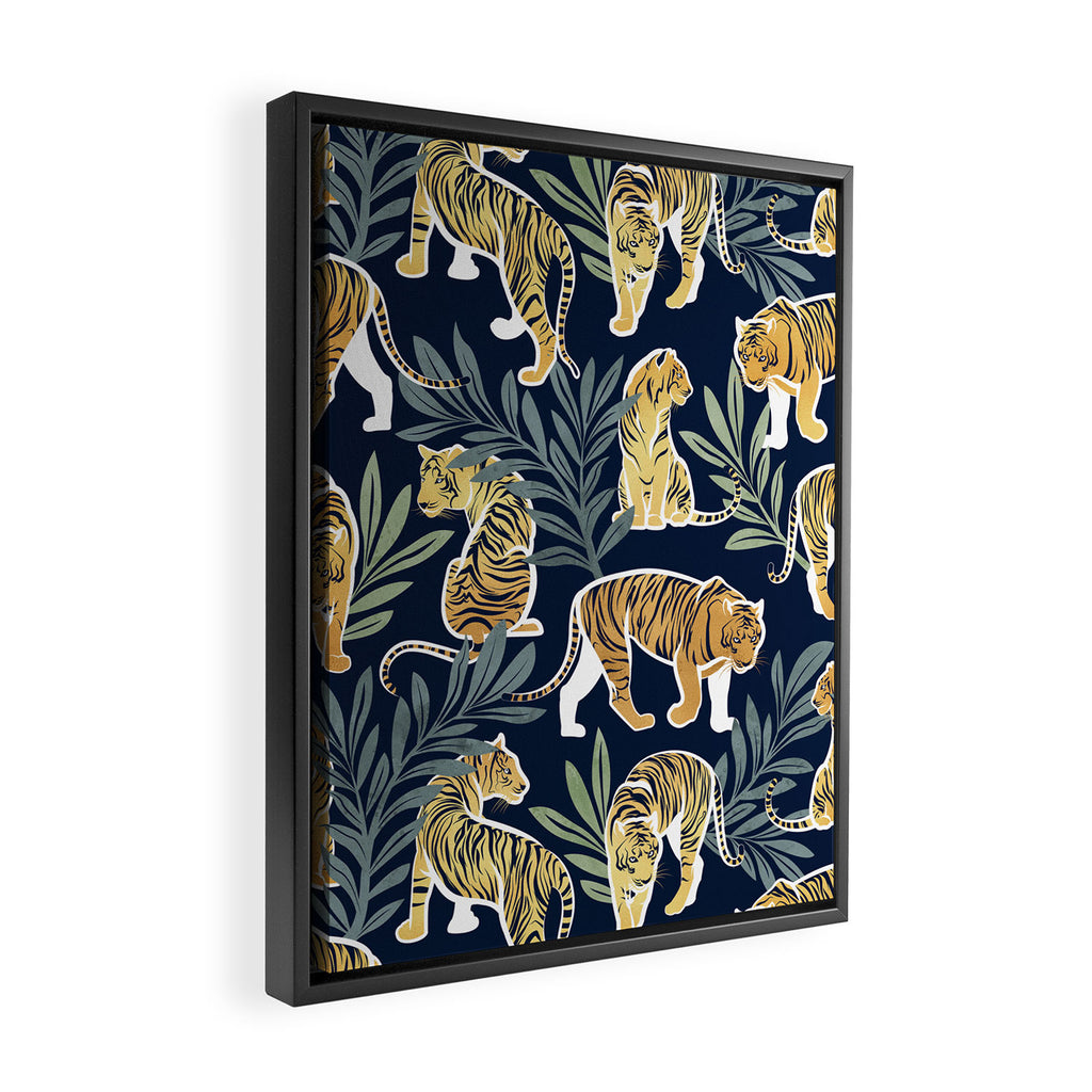 Nouveau white tigers // navy blue background green leaves white lines yellow animals Framed Canvas Print Gallery Image 2