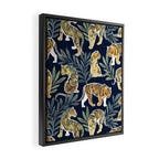 Nouveau white tigers // navy blue background green leaves white lines yellow animals Framed Canvas Print Gallery Image 2