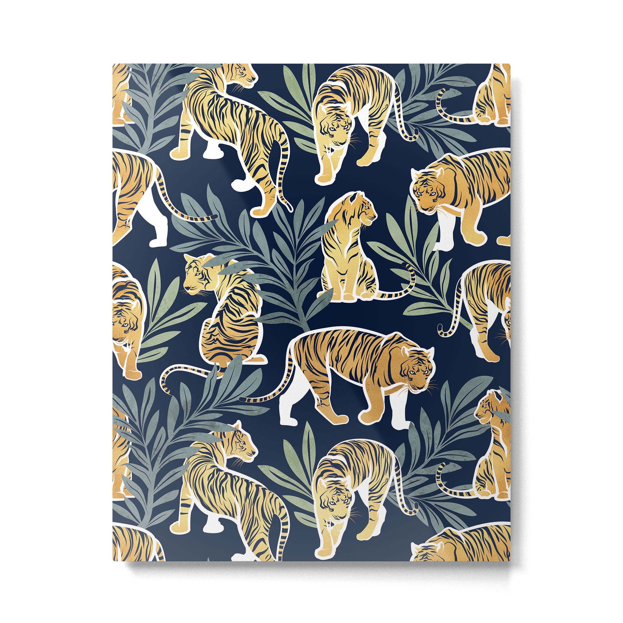 Nouveau white tigers // navy blue background green leaves white lines yellow animals Metal Print Gallery Image 4