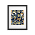 Nouveau white tigers // navy blue background green leaves white lines yellow animals Framed Art Print Gallery Image 5