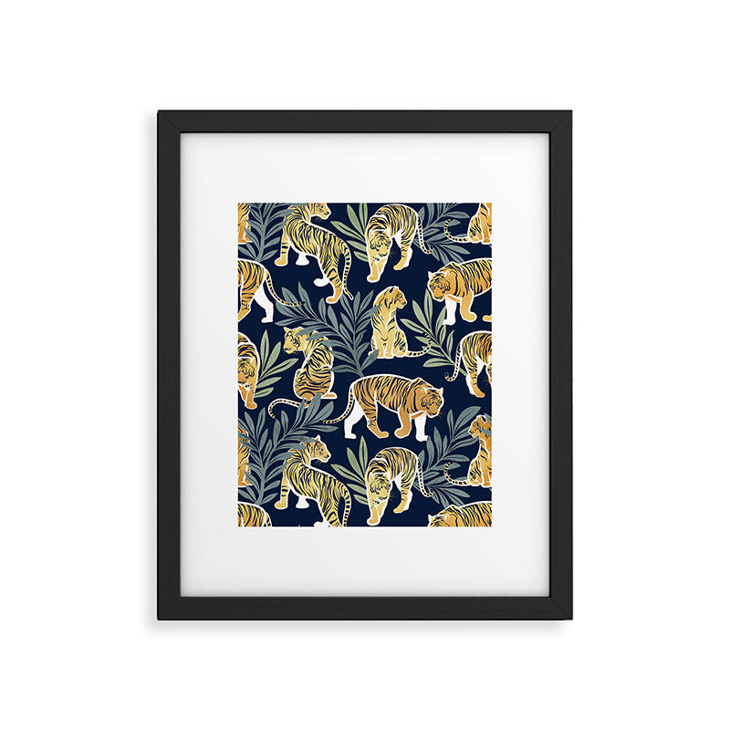 Nouveau white tigers // navy blue background green leaves white lines yellow animals Framed Art Print Gallery Image 5