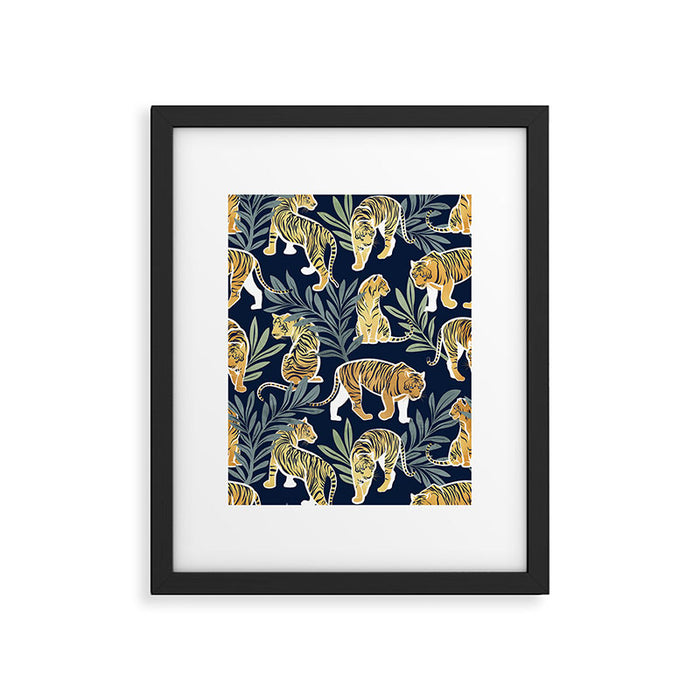 Nouveau white tigers // navy blue background green leaves white lines yellow animals Framed Art Print Gallery Image 1
