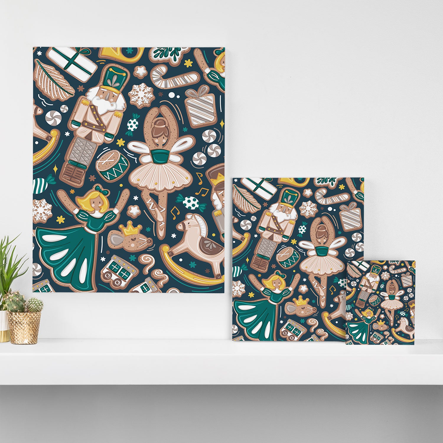Nutcracker ballet gingerbread delicious biscuits // nile blue background beige forest and pine green sweet Christmas cookies Canvas Print Gallery Image 3
