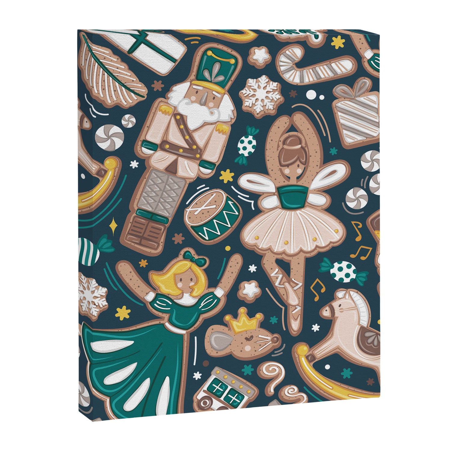 Nutcracker ballet gingerbread delicious biscuits // nile blue background beige forest and pine green sweet Christmas cookies Canvas Print Gallery Image 3