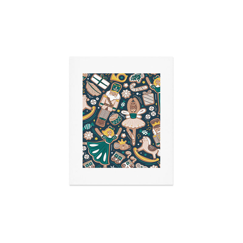 Nutcracker ballet gingerbread delicious biscuits // nile blue background beige forest and pine green sweet Christmas cookies Art Print Gallery Image 1