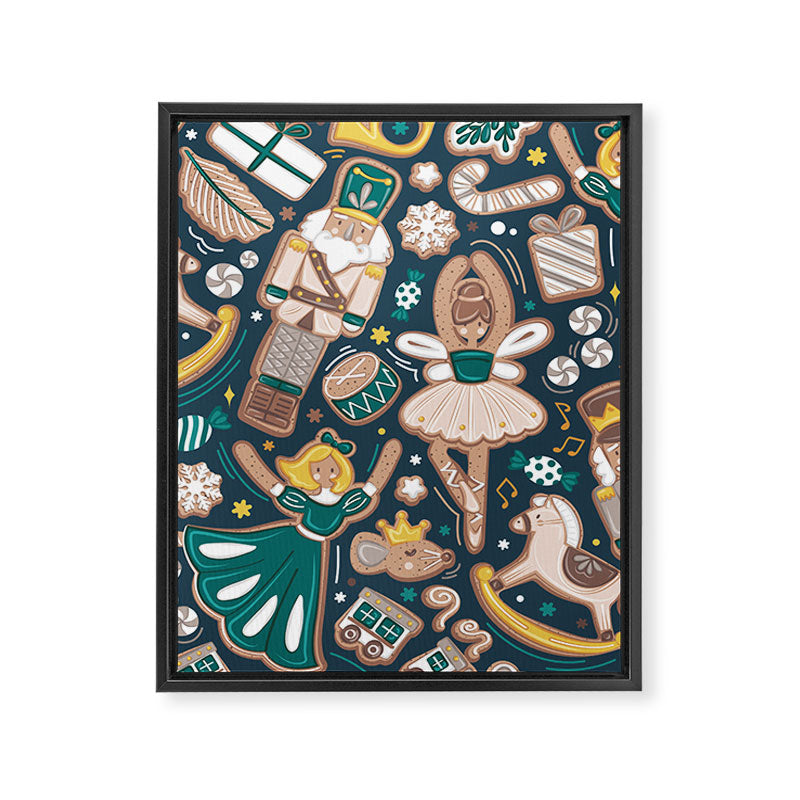 Nutcracker ballet gingerbread delicious biscuits // nile blue background beige forest and pine green sweet Christmas cookies Framed Canvas Print Gallery Image 6
