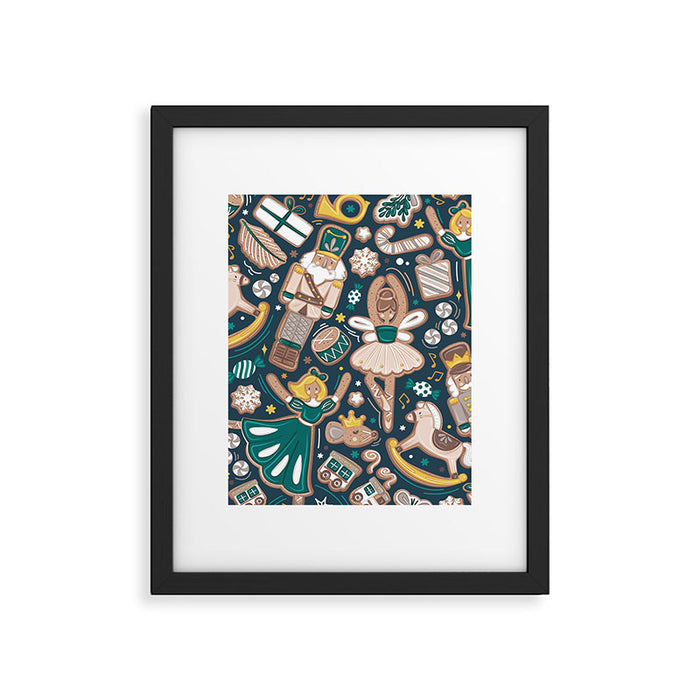Nutcracker ballet gingerbread delicious biscuits // nile blue background beige forest and pine green sweet Christmas cookies Framed Art Print Gallery Image 1