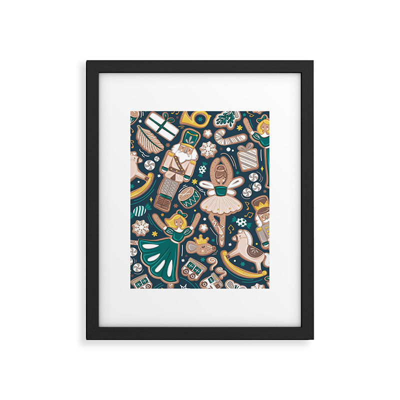 Nutcracker ballet gingerbread delicious biscuits // nile blue background beige forest and pine green sweet Christmas cookies Framed Art Print Gallery Image 4