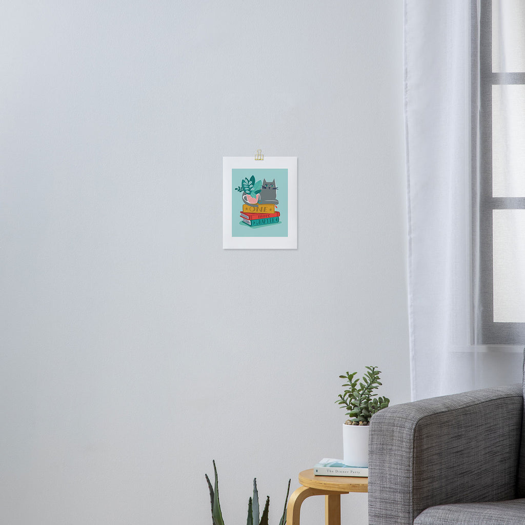 One more chapter // aqua background grey cat striped mug with plants red green and yellow books  Art Print Gallery Image 3