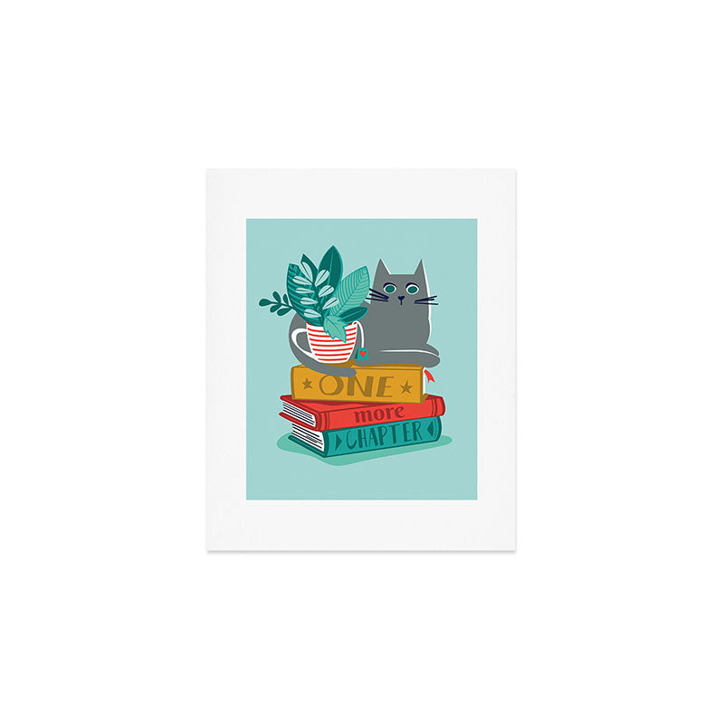 One more chapter // aqua background grey cat striped mug with plants red green and yellow books  Art Print Gallery Image 1