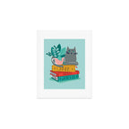 One more chapter // aqua background grey cat striped mug with plants red green and yellow books  Art Print Gallery Image 1