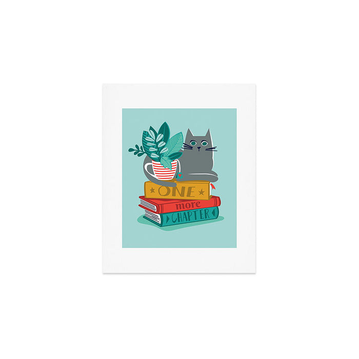 One more chapter // aqua background grey cat striped mug with plants red green and yellow books  Art Print Gallery Image 1