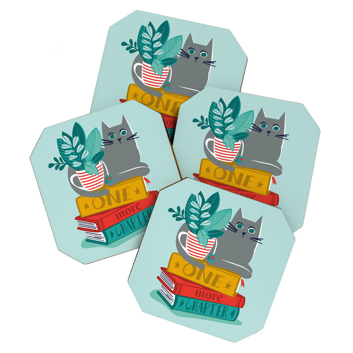 One more chapter // aqua background grey cat striped mug with plants red green and yellow books  Coaster Gallery Image 1