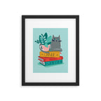 One more chapter // aqua background grey cat striped mug with plants red green and yellow books  Framed Art Print Gallery Image 6