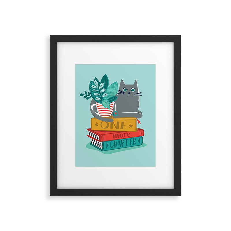 One more chapter // aqua background grey cat striped mug with plants red green and yellow books  Framed Art Print Gallery Image 6