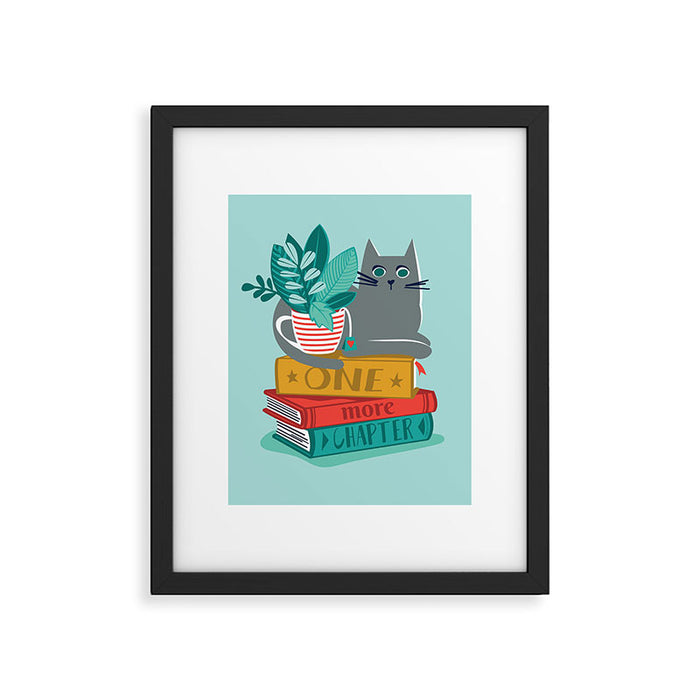 One more chapter // aqua background grey cat striped mug with plants red green and yellow books  Framed Art Print Gallery Image 1