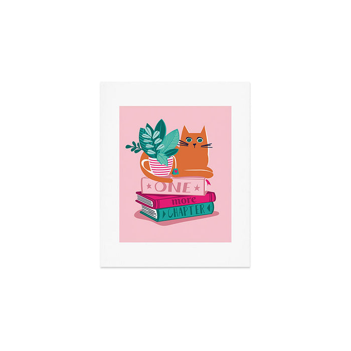 One more chapter // pastel pink background orange tabby cat striped mug with plants fuchsia pink and green books  Art Print Gallery Image 1