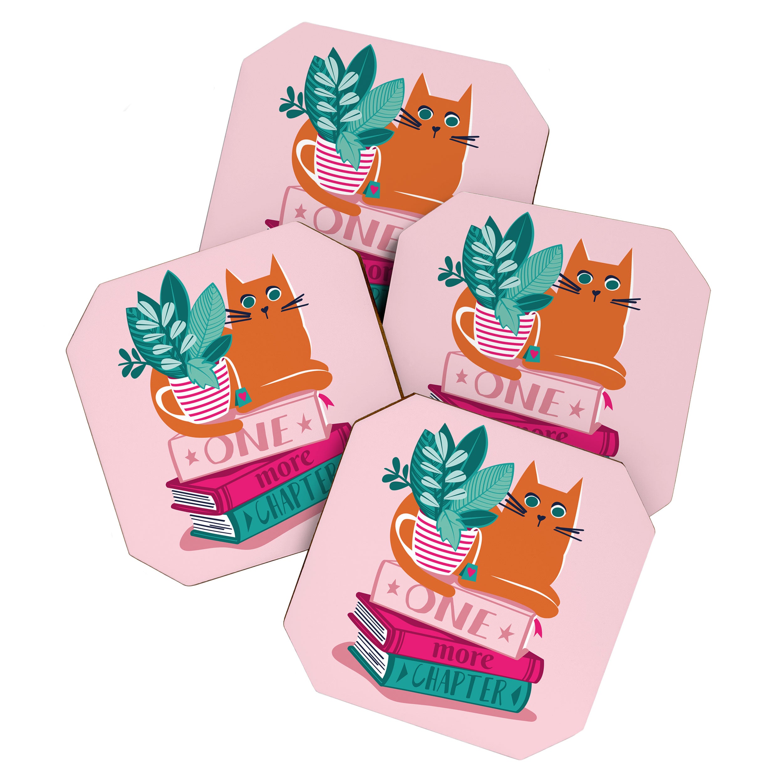 One more chapter // pastel pink background orange tabby cat striped mug with plants fuchsia pink and green books  Coaster Gallery Image 1