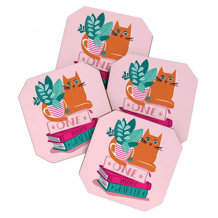 One more chapter // pastel pink background orange tabby cat striped mug with plants fuchsia pink and green books  Coaster Gallery Image 1